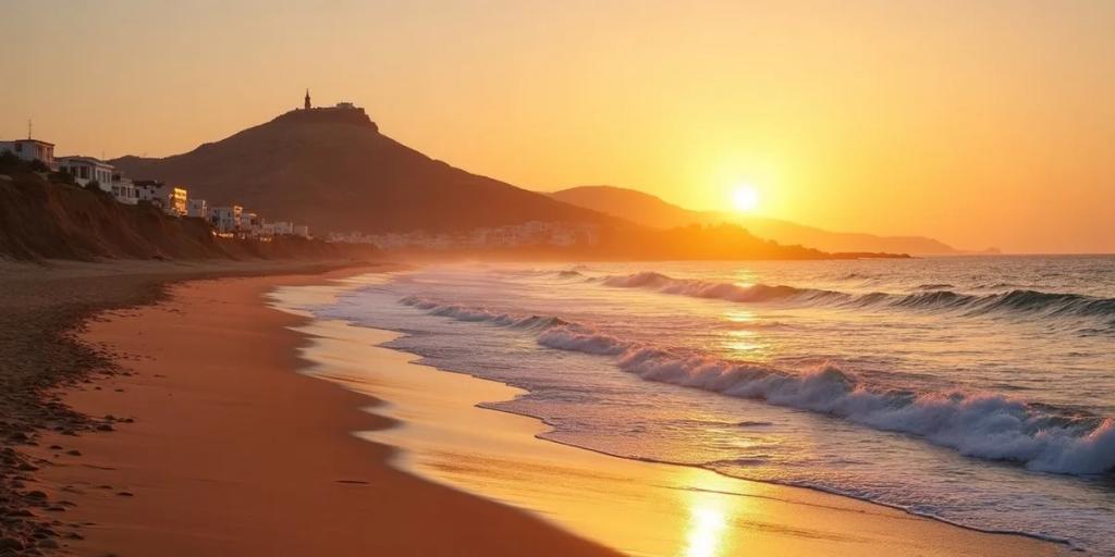 Paseo marítimo de la playa de Agadir curvándose hacia el puerto deportivo con la colina de la Kasbah al fondo