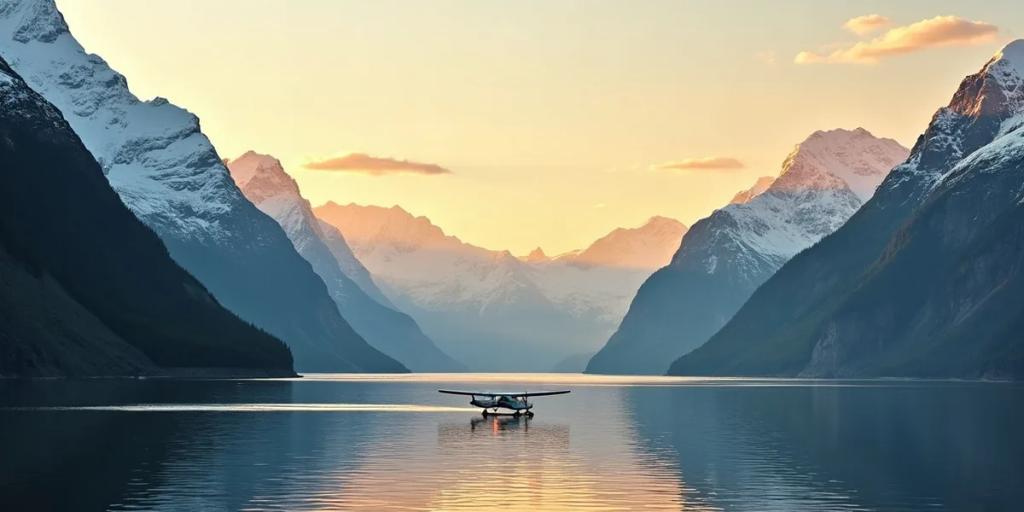 Crucero empequeñecido por picos nevados en un fiordo de Alaska a la hora dorada