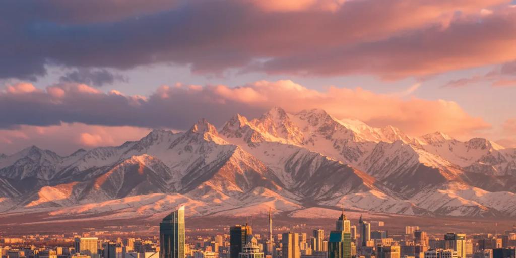 Calles de Almaty con las montañas nevadas del Tian Shan alzándose al fondo