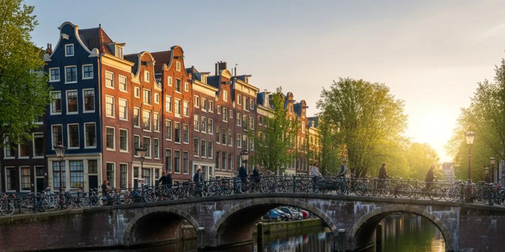 Casas de canal de Ámsterdam y bicicletas aparcadas reflejadas en el agua quieta del canal