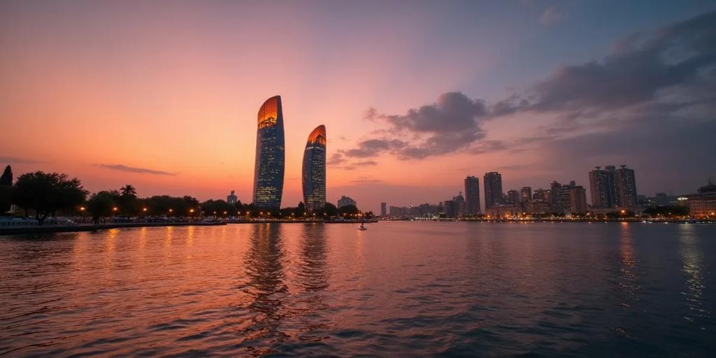 Las Torres de Fuego de Bakú elevándose tras las callejuelas de piedra de la Ciudad Vieja amurallada al anochecer