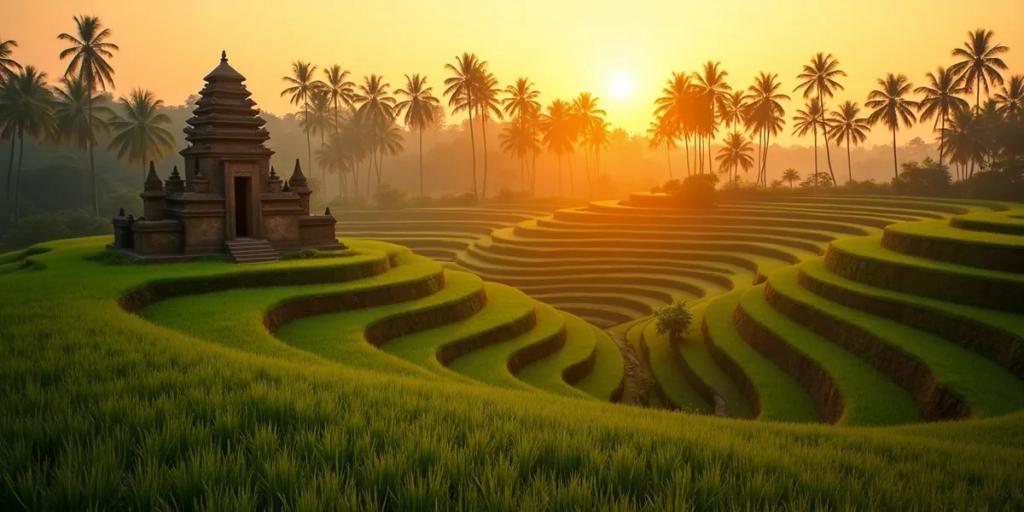 Arrozales en terrazas y palmeras cerca de Ubud, Bali, bajo la luz de media tarde