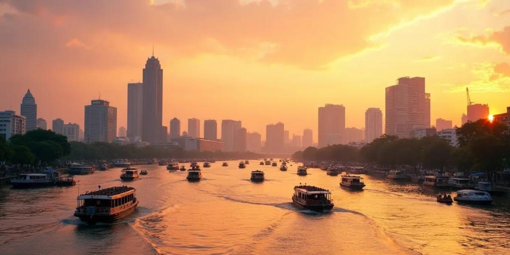 El perfil urbano de Bangkok al anochecer con el río Chao Phraya y un tren BTS Skytrain cruzando
