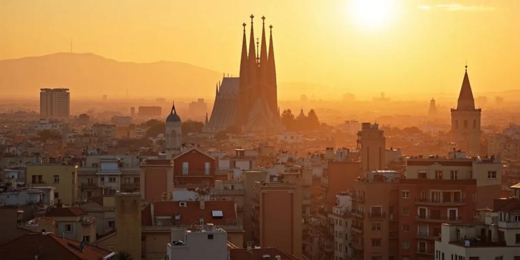 Tejados de Barcelona y la Sagrada Familia a la hora dorada