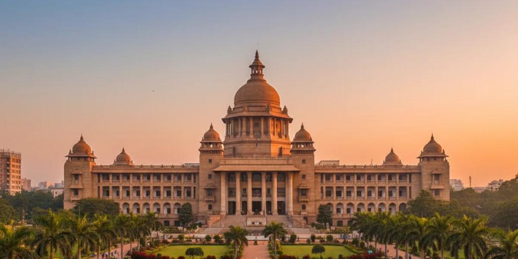 La imponente fachada de granito del Vidhana Soudha alzándose sobre jardines cuidados en Bangalore