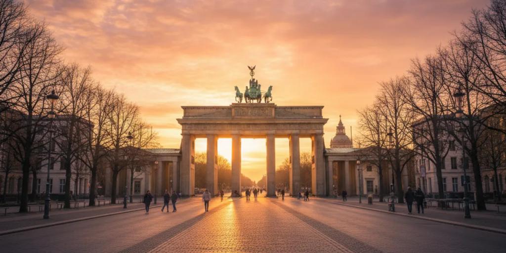 La Puerta de Brandeburgo iluminada a la hora dorada con una Pariser Platz vacía delante