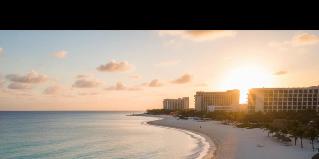 La curva de la playa de la zona hotelera de Cancún al amanecer, el agua turquesa del Caribe encontrándose con la arena blanca