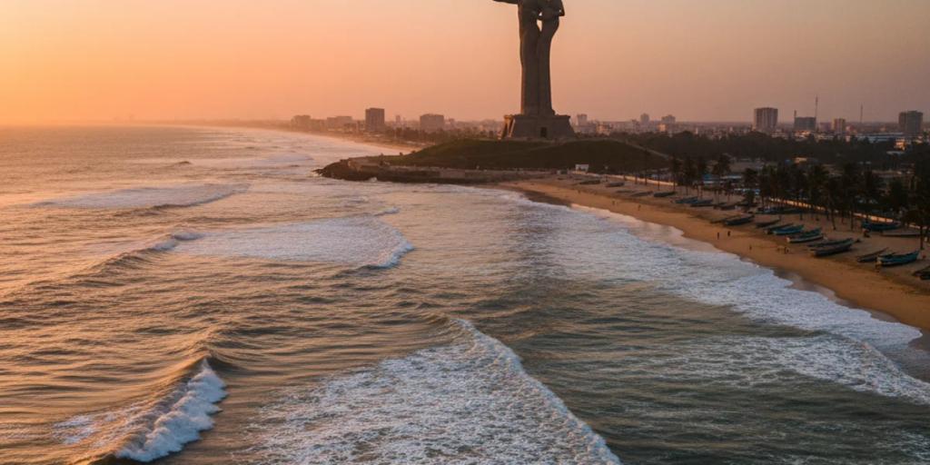 El litoral atlántico de Dakar con el Monumento del Renacimiento Africano alzándose sobre el promontorio