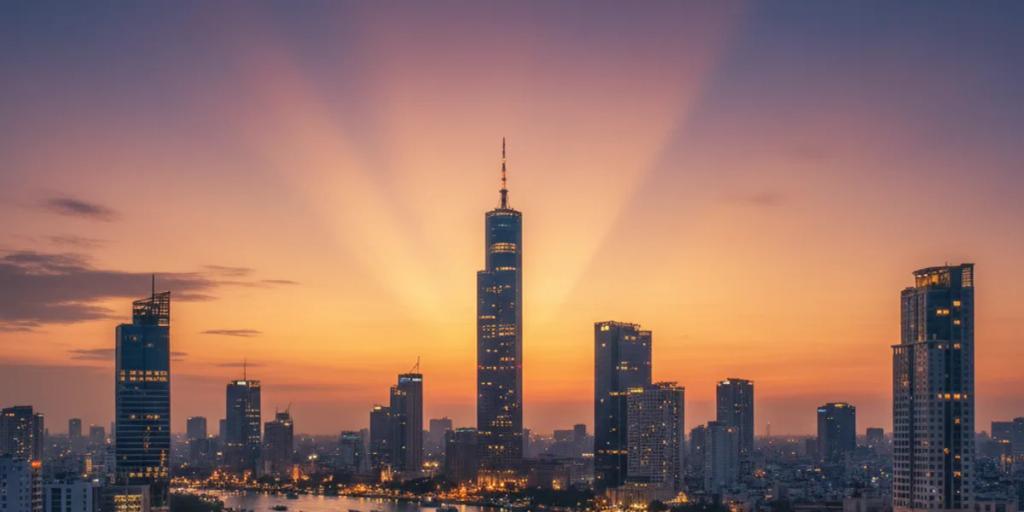 El horizonte de Ho Chi Minh con la torre Bitexco alzándose sobre el tráfico de barcos del río Saigón