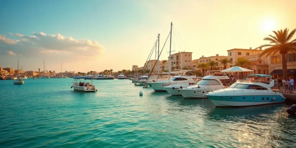 El puerto deportivo de Hurghada en el mar Rojo con barcos de buceo amarrados a lo largo del paseo