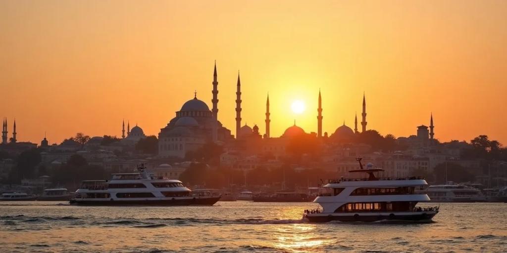 El Bósforo de Estambul al anochecer con un ferry urbano cruzando entre las orillas europea y asiática
