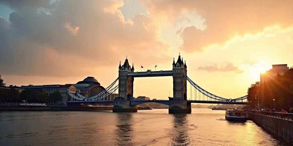 El perfil de Londres sobre el Támesis con el Tower Bridge y la City al anochecer