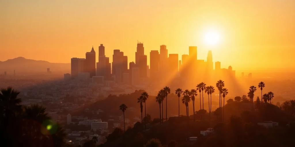 Cruce de autopistas de Los Ángeles al anochecer con el skyline del centro y palmeras
