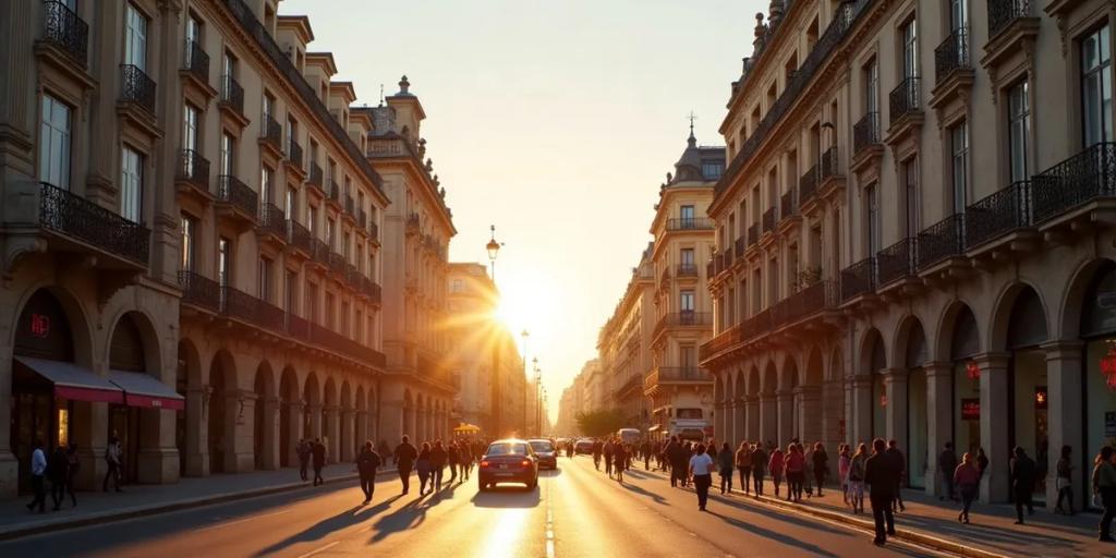 La Gran Vía de Madrid al anochecer con el edificio Metrópolis y el tráfico de la tarde