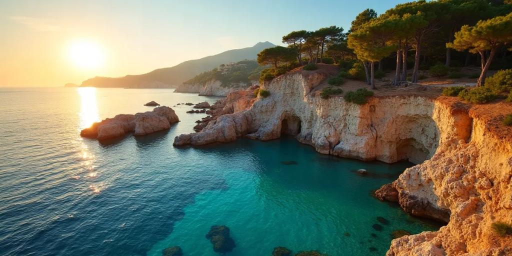 Cala turquesa enmarcada por acantilados cubiertos de pinos en la costa de Mallorca