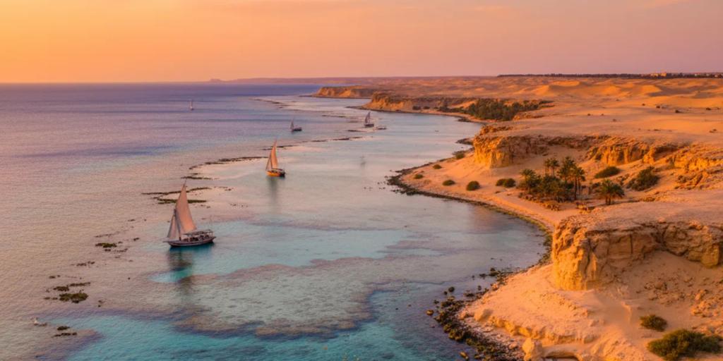 Laguna turquesa del mar Rojo con arrecifes poco profundos que se encuentran con la costa desértica cerca de Marsa Alam