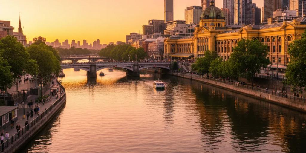 El río Yarra y la estación de Flinders Street iluminados a la hora dorada en el centro de Melbourne