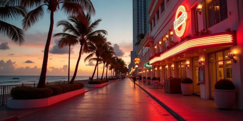 Fachadas art déco y palmeras de Ocean Drive en Miami Beach a la hora dorada