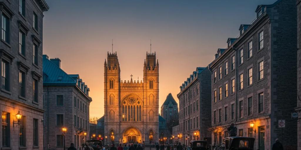 Calle adoquinada del Viejo Montreal que conduce a las dos torres de la Basílica de Notre-Dame