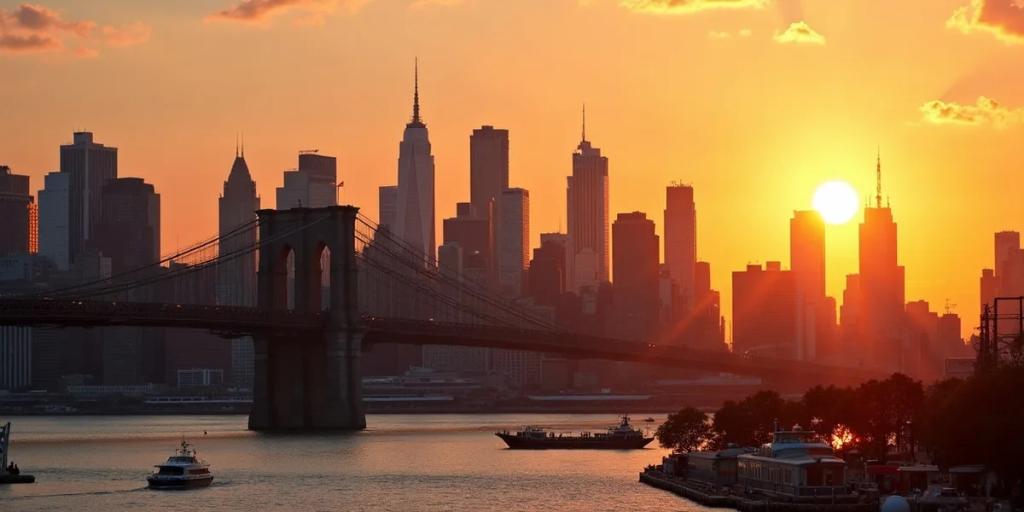El perfil de Manhattan y un paso de peatones concurrido al anochecer con vallas publicitarias iluminadas