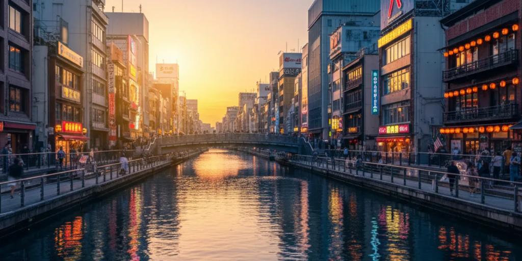 El canal de Dotonbori de noche con los carteles de neón reflejándose en el agua