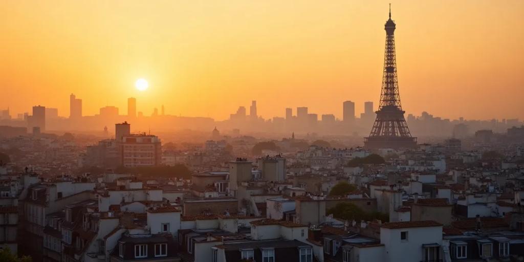 Tejados de París con la Torre Eiffel elevándose sobre las fachadas haussmannianas al anochecer
