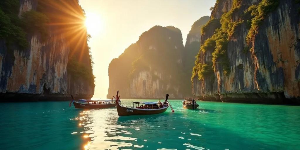 Barcos longtail en una playa de Phuket con promontorios verdes a la hora dorada