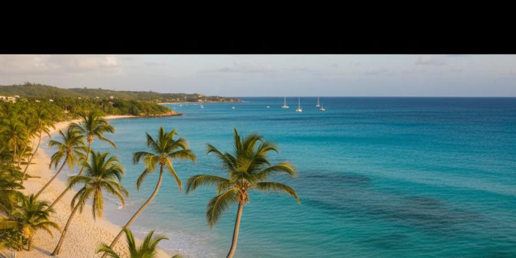 Palmeras inclinadas sobre una playa caribeña de arena blanca y aguas turquesa en Punta Cana