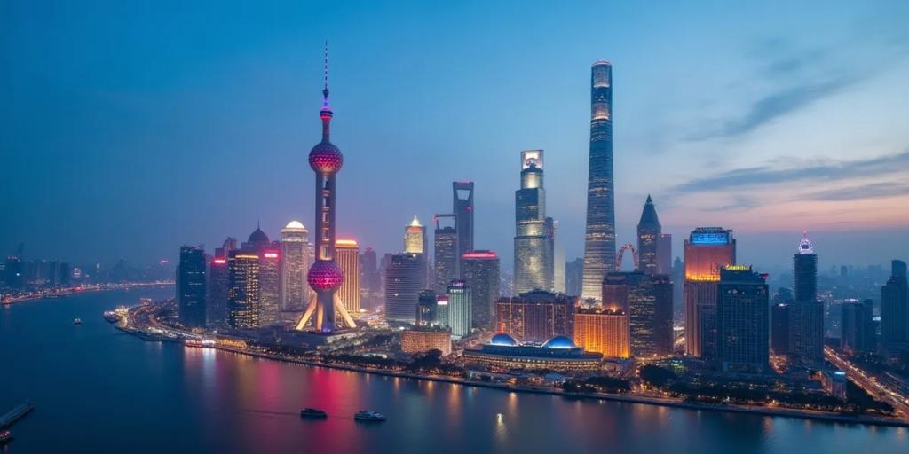 El horizonte de Pudong con la Torre Perla de Oriente y la Torre Shanghái iluminadas al otro lado del río Huangpu al anochecer