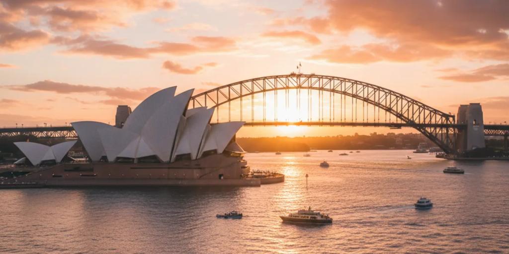 La Ópera de Sídney y el Harbour Bridge iluminados a la hora dorada, vistos desde el otro lado del agua