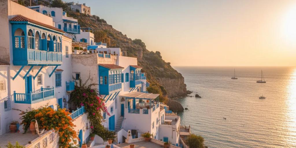 Las casas blancas y azules de Sidi Bou Said encaramadas sobre el Mediterráneo cerca de Túnez