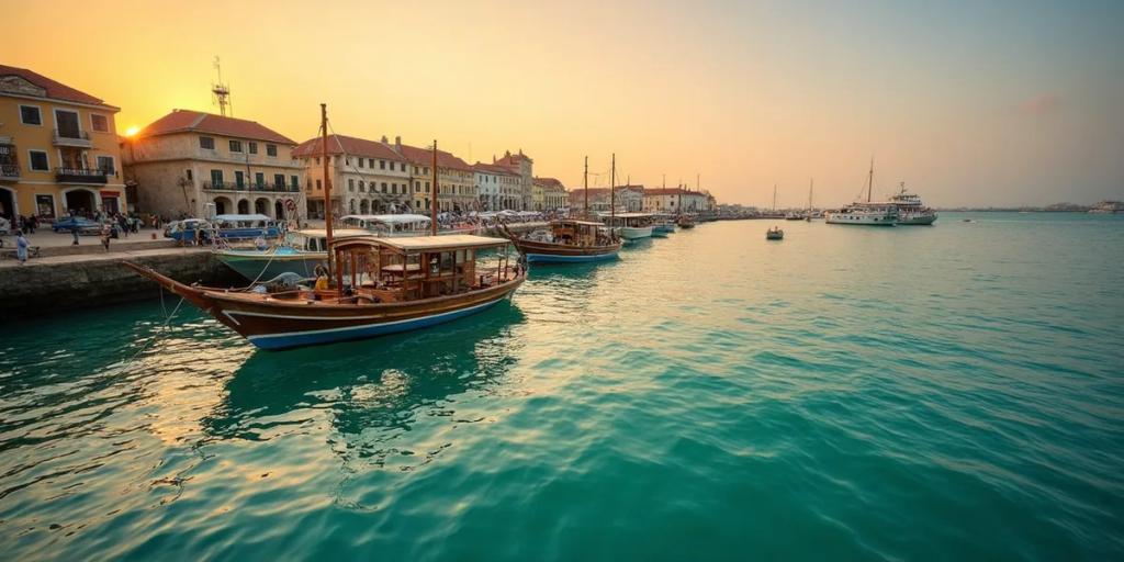 Un dhow navegando frente al paseo marítimo de Stone Town a la hora dorada, Zanzíbar