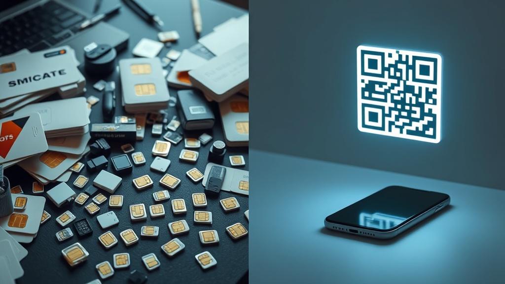 El desorden de las SIM físicas (izquierda) vs la simplicidad de la eSIM (derecha).