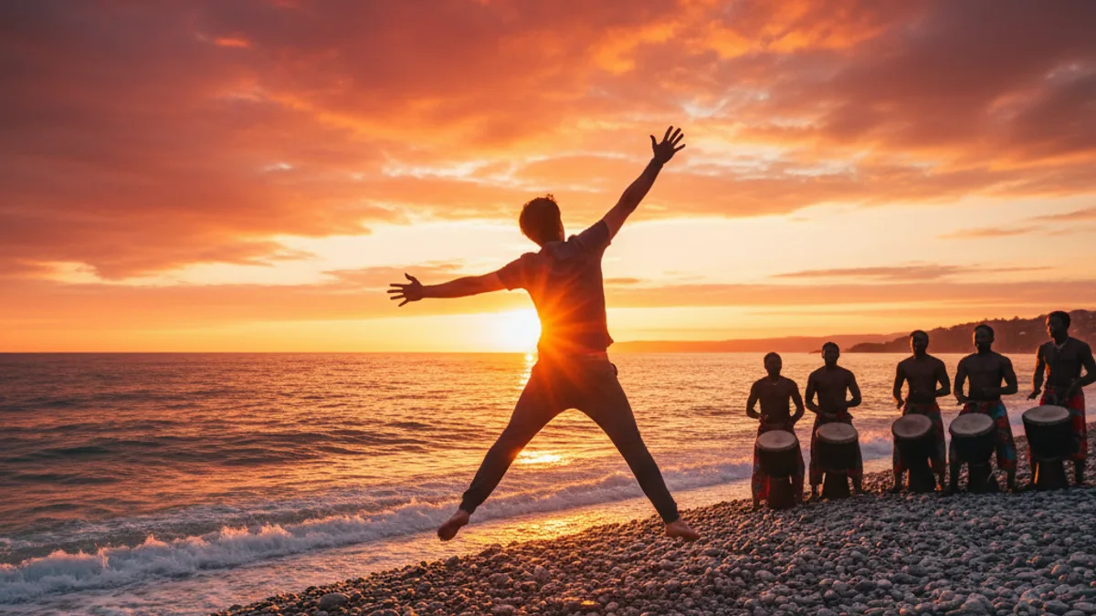 Persona saltando en el aire en la playa de Benirras al atardecer con tamborileros en silueta detrás