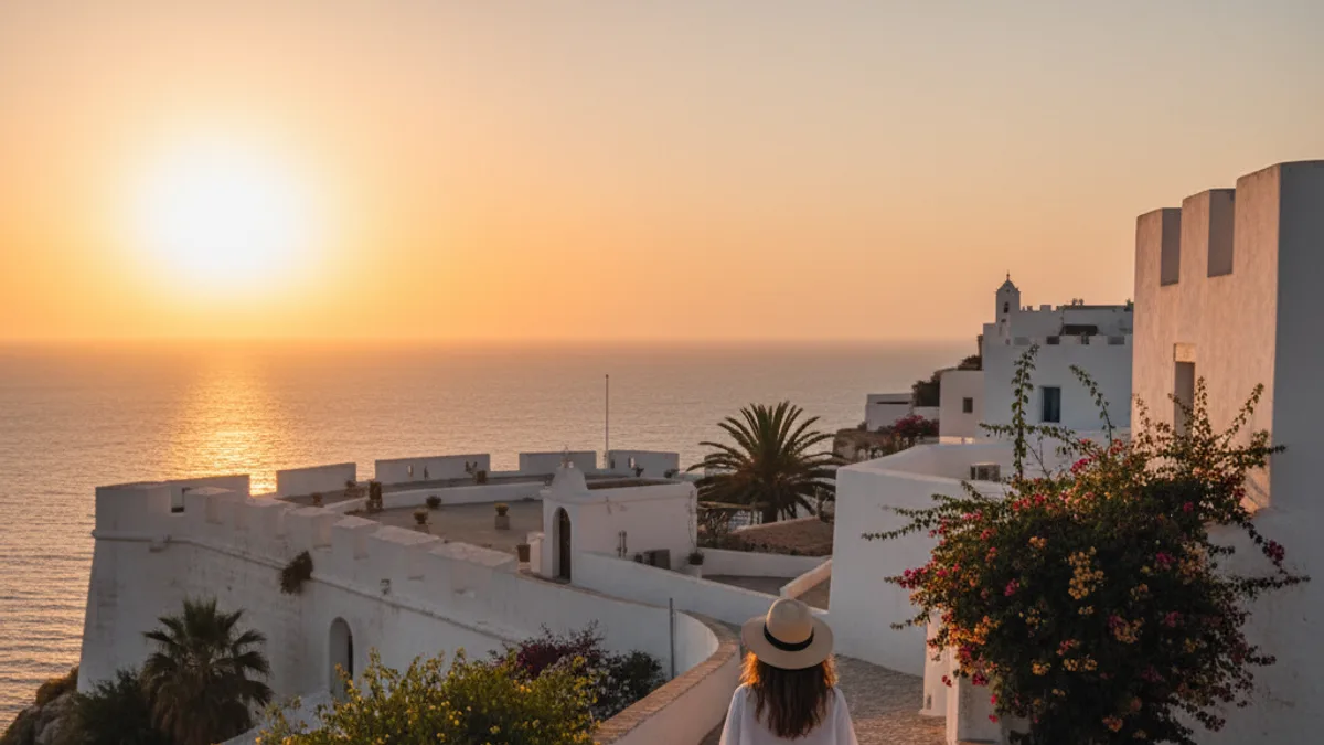 Viajera de blanco alejándose por las murallas empedradas de Dalt Vila en la hora dorada